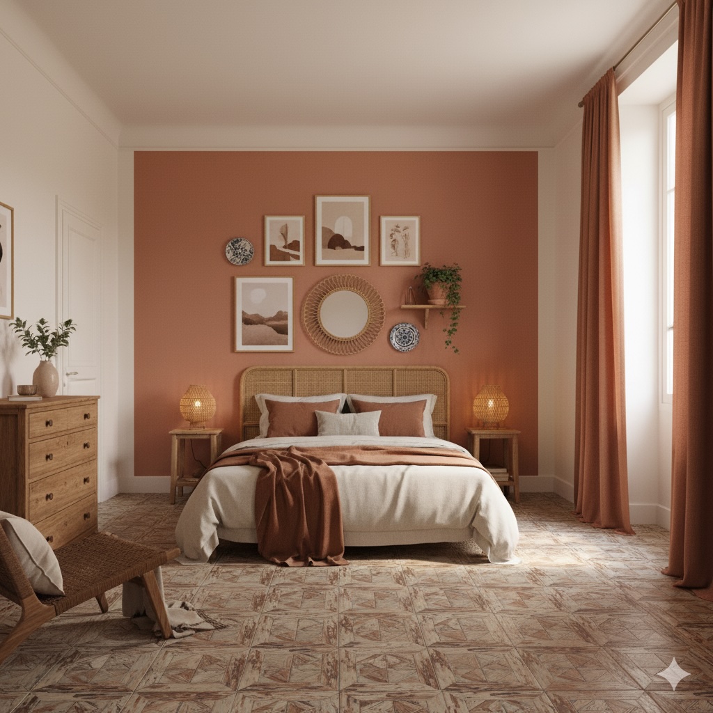 Mediterranean Bedroom Gallery Wall with Mirror, Terracotta Accents and Warm Cherry Wood Frames
