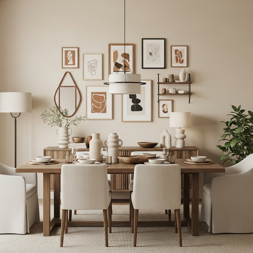 Natural Dining Room Gallery Wall with Oak Wood, Mixed Frames and Soft Terracotta Accents