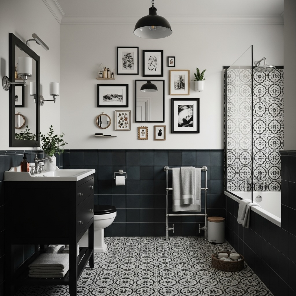 Art Deco Bathroom Gallery Wall with Cement Tiles, Black and Birch Frames