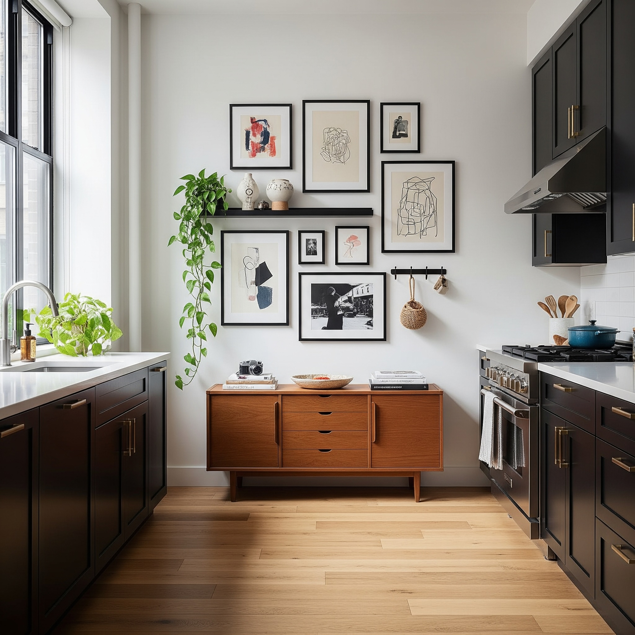 New York Kitchen with Black Cabinets, Metal Handles, and Loft Industrial Style