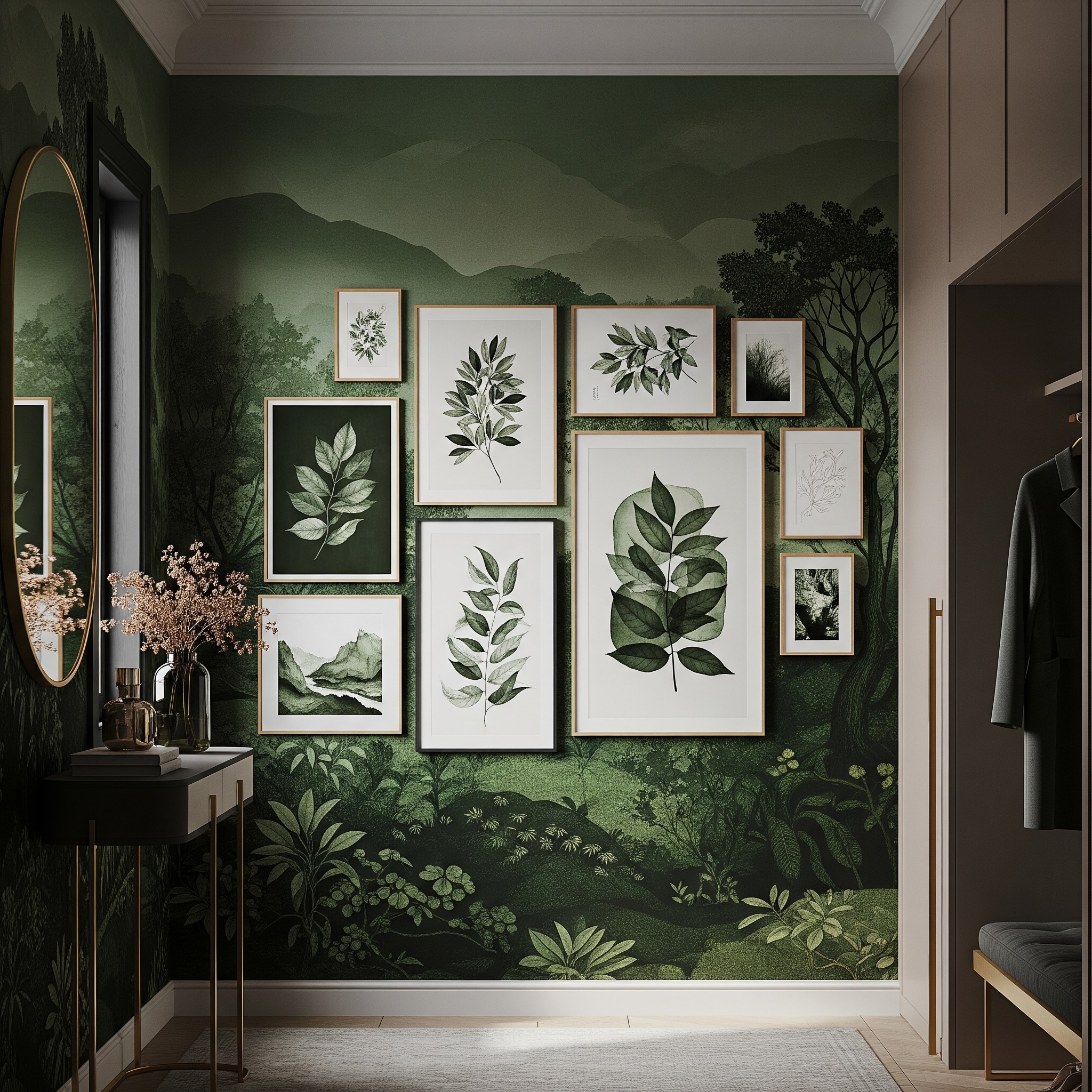 Entryway Gallery Wall with Green Walls, Oak and Black Frames, and Gold Accents