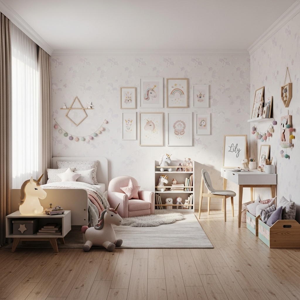 Girl Bedroom Gallery Wall with White & Birch Frames, Unicorn and Rainbow Prints