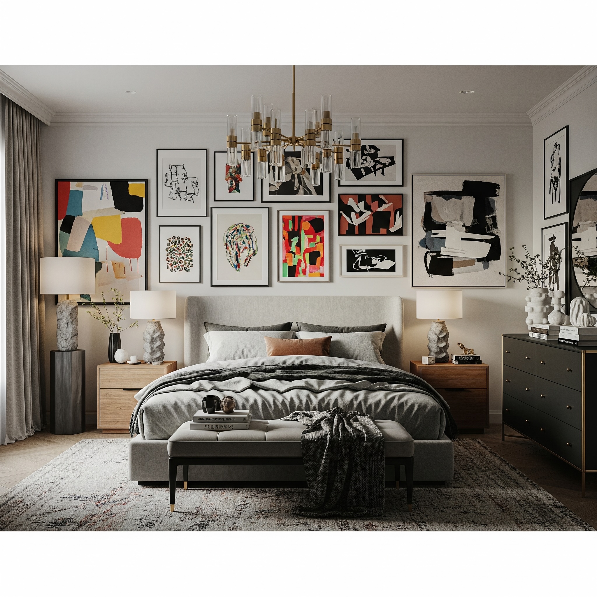 Master Bedroom Gallery Wall with Black, White & Khaki Frames and Colorful Abstract Paintings