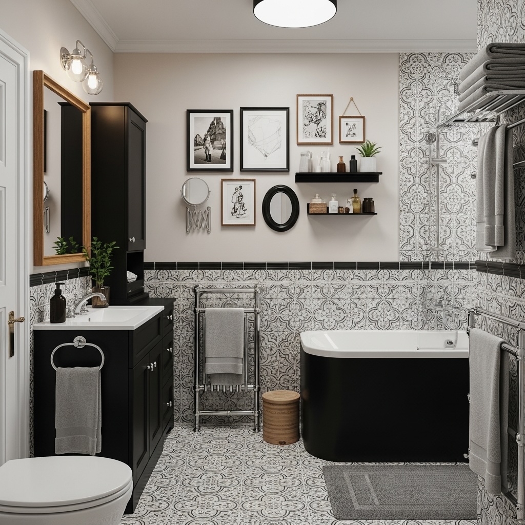 French Classic Bathroom Gallery Wall with Cement Tiles, Black and Oak Frames