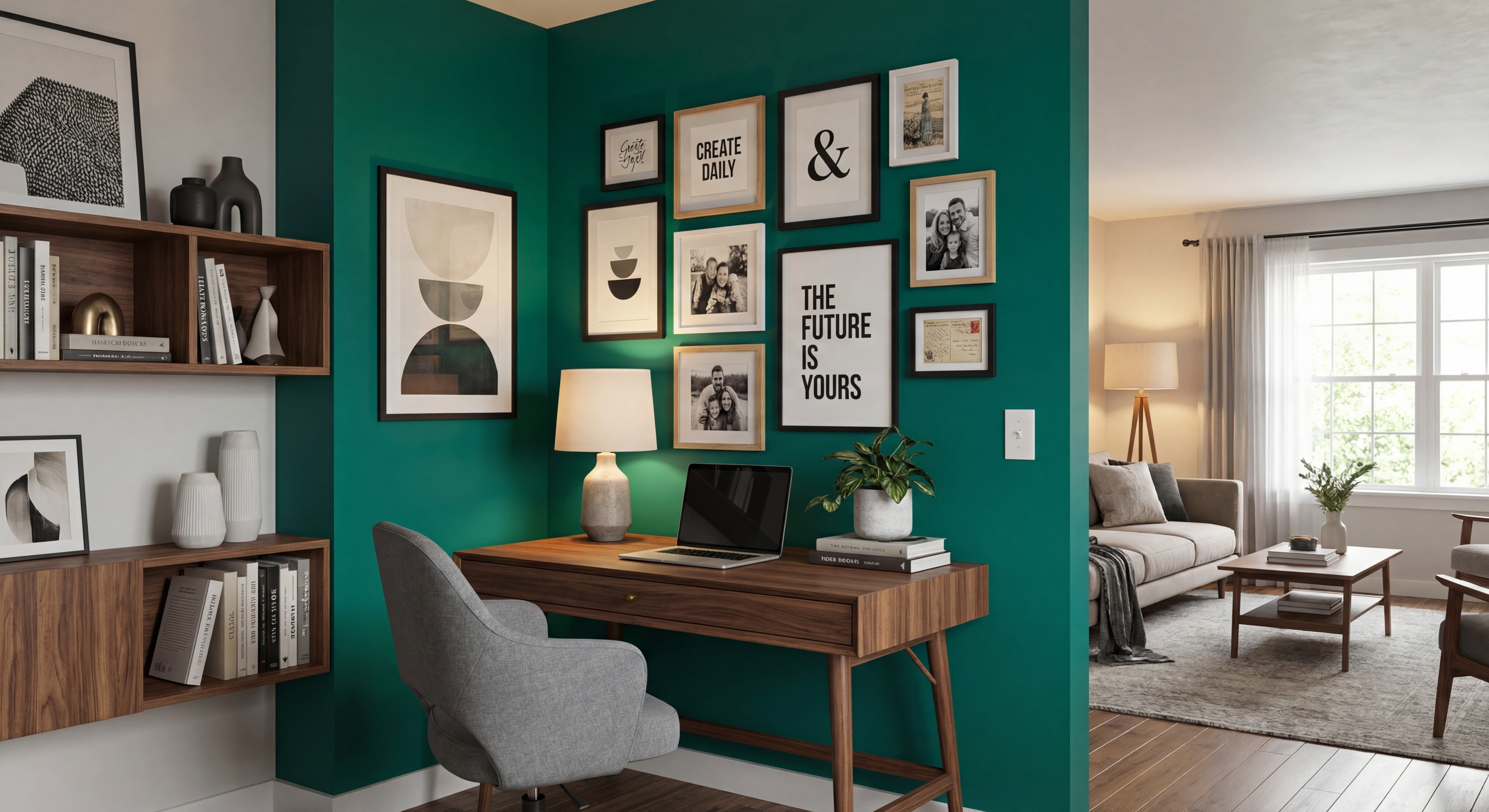Emerald Green Living Room Corner Office Gallery Wall with Black, White and Birch Frames