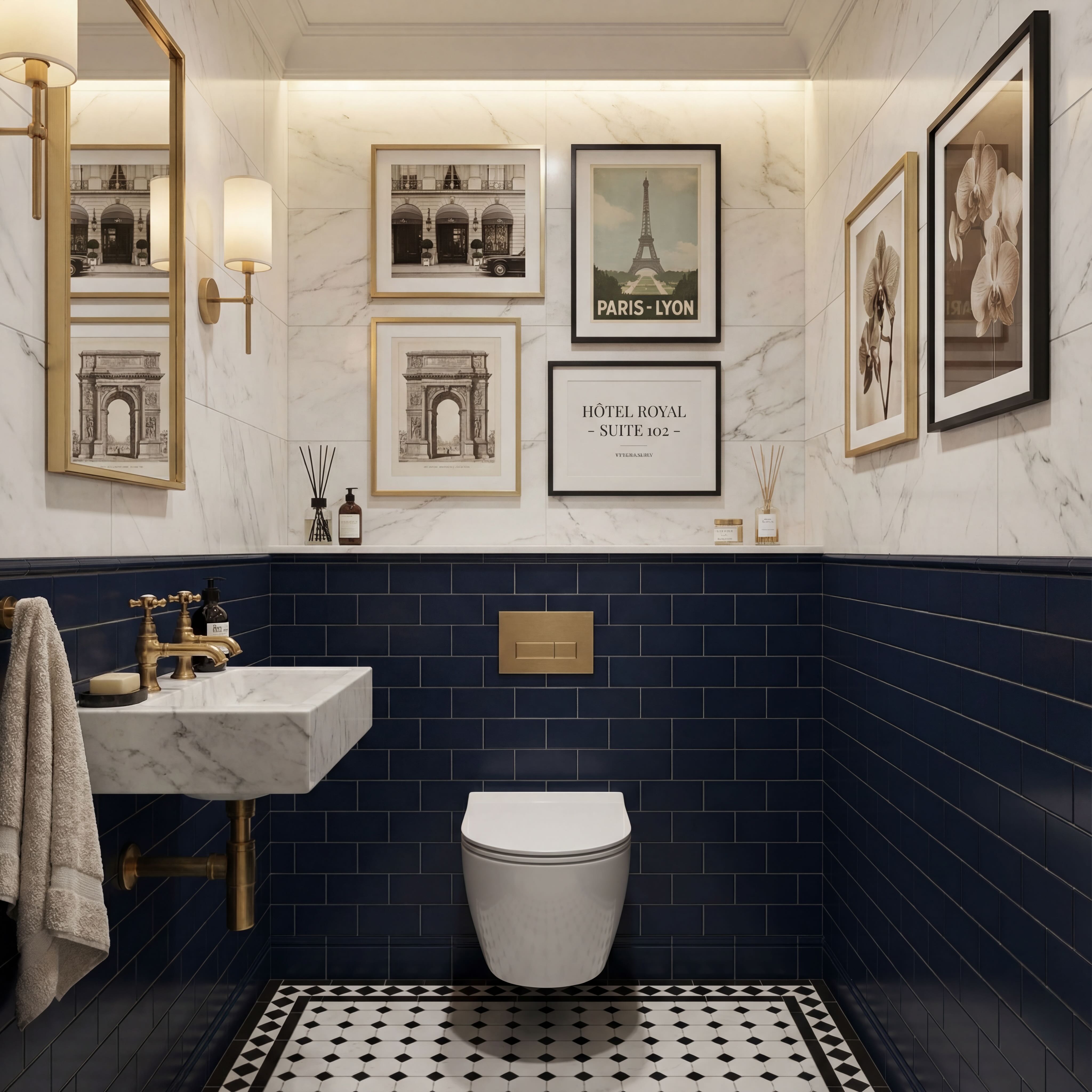 Dark Blue Toilet Gallery Wall with Black and Gold Frames and Paris-Inspired Art