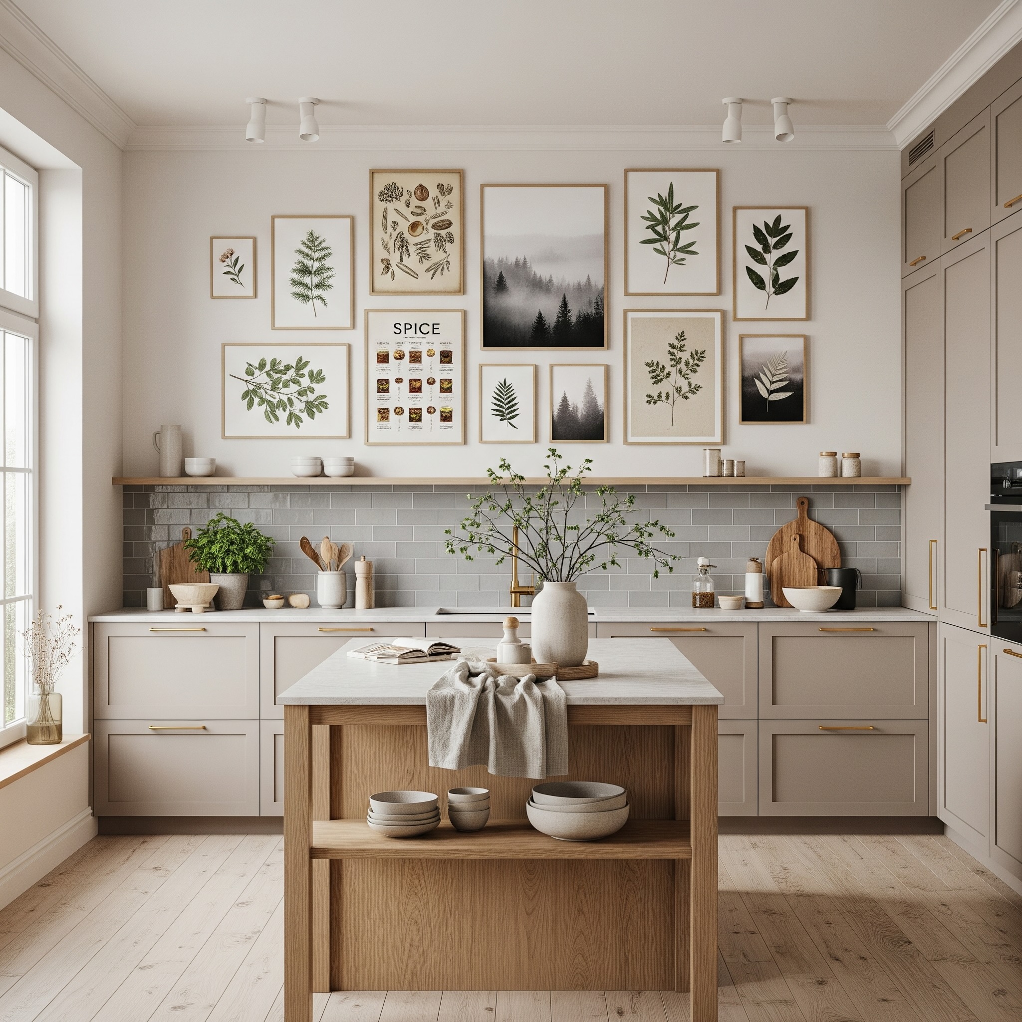Nordic Kitchen and Dining Area Gallery Wall with Neutral Beige Tones, Light Grey Tiles and Oak Frames