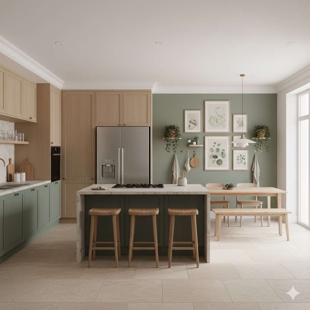 Sage Green Kitchen Gallery Wall with Natural Birch Frames