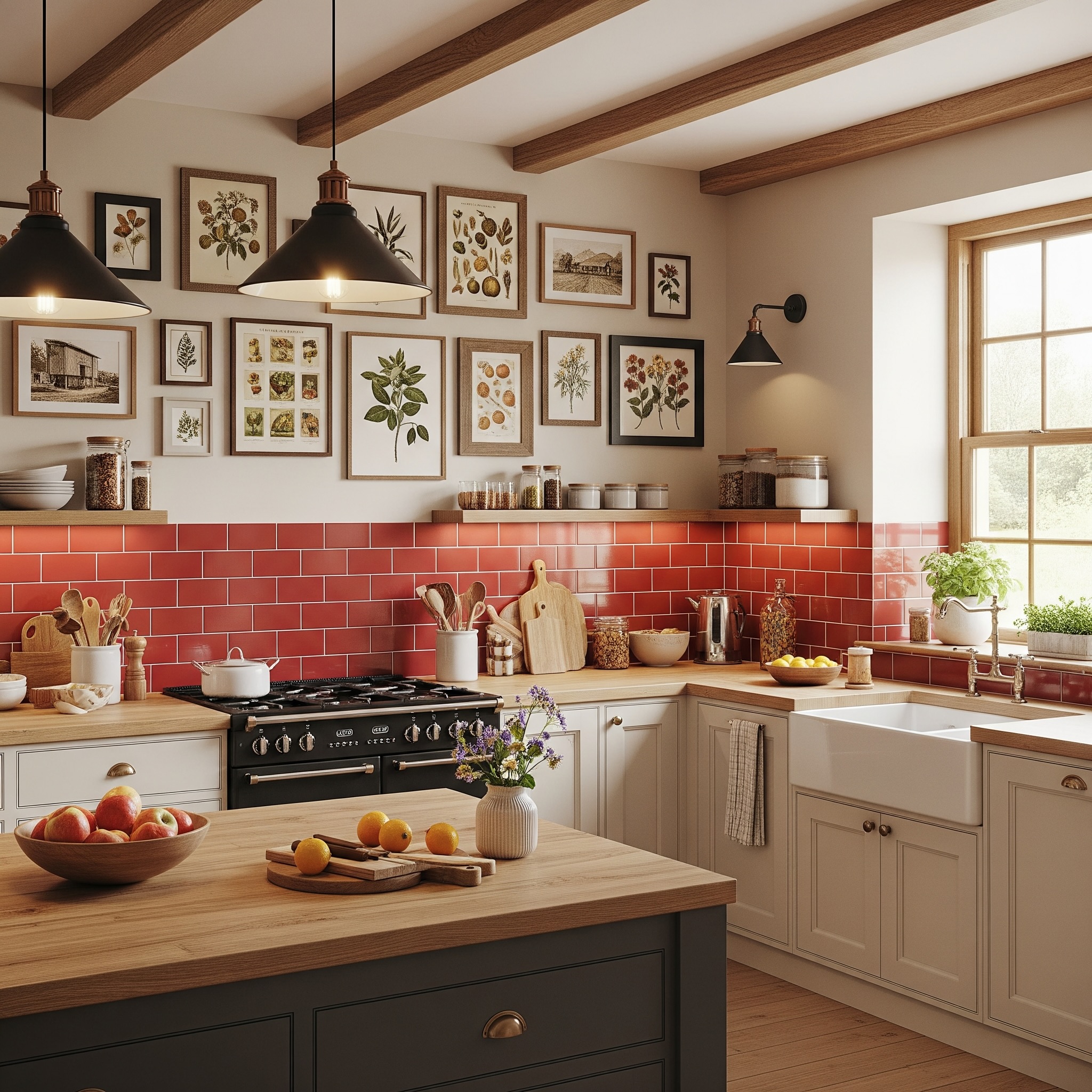 Rustic Countryside Kitchen Gallery Wall with Cream and Beige Tones, Red Accents and Oak, Black and Cherry Wood Frames