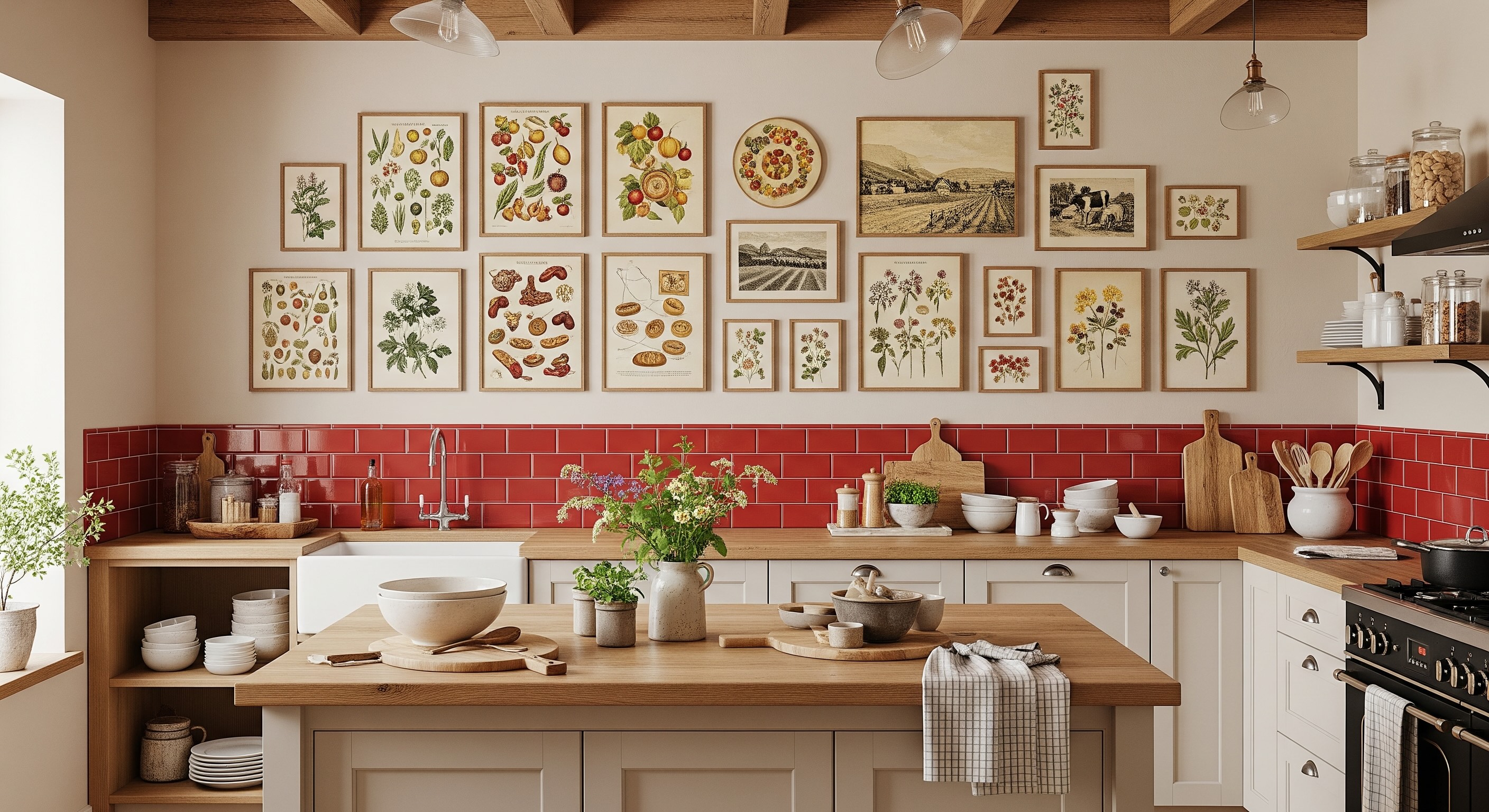Rustic Countryside Kitchen Gallery Wall with Cream Tones, Red Tiles and Oak Frames with Botanical and Fruit Herbarium Art