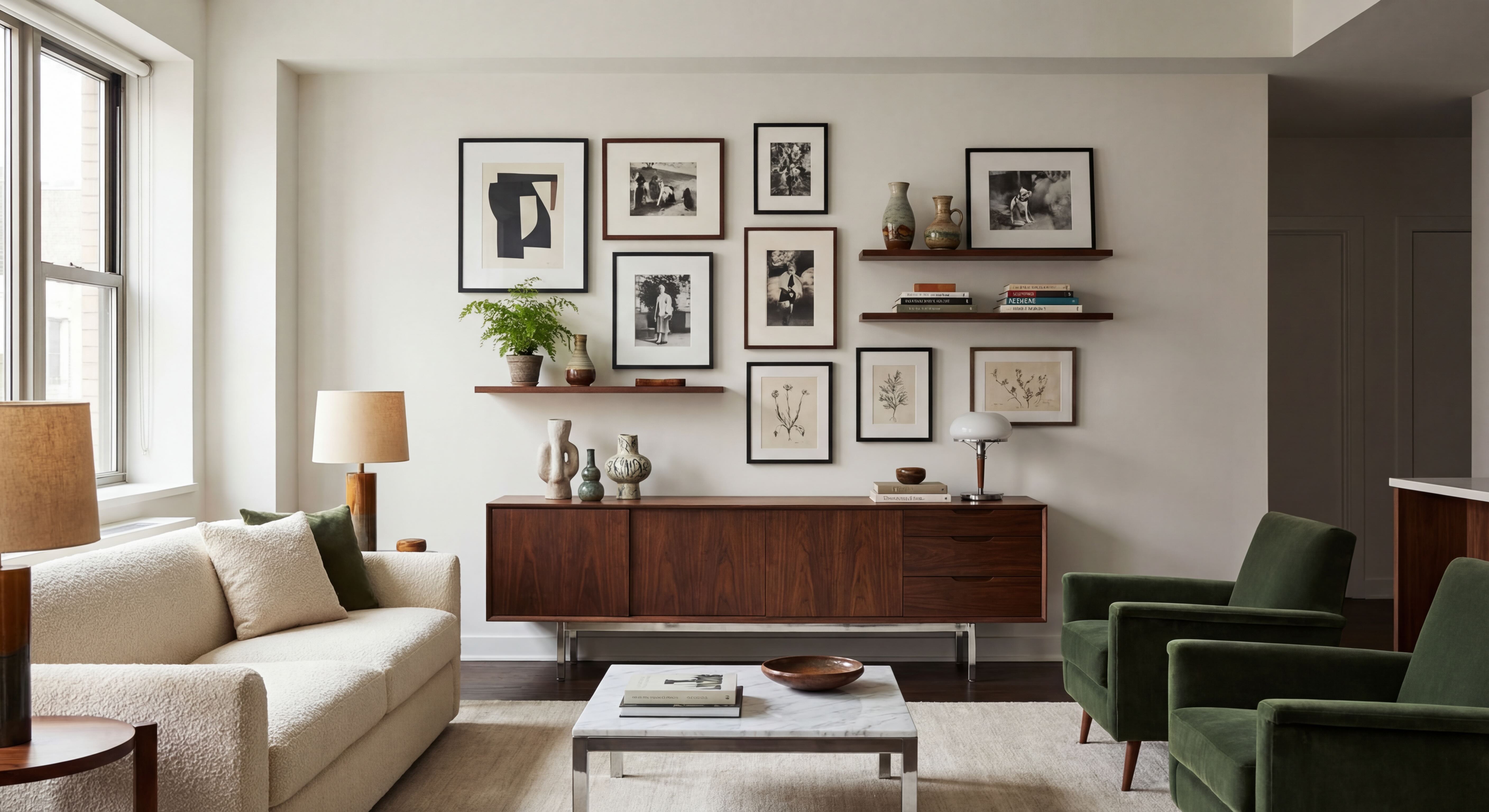 Contemporary Vintage Living Room Gallery Wall on White Wall with Dark Wood Frames, Shelves and Black and White Art
