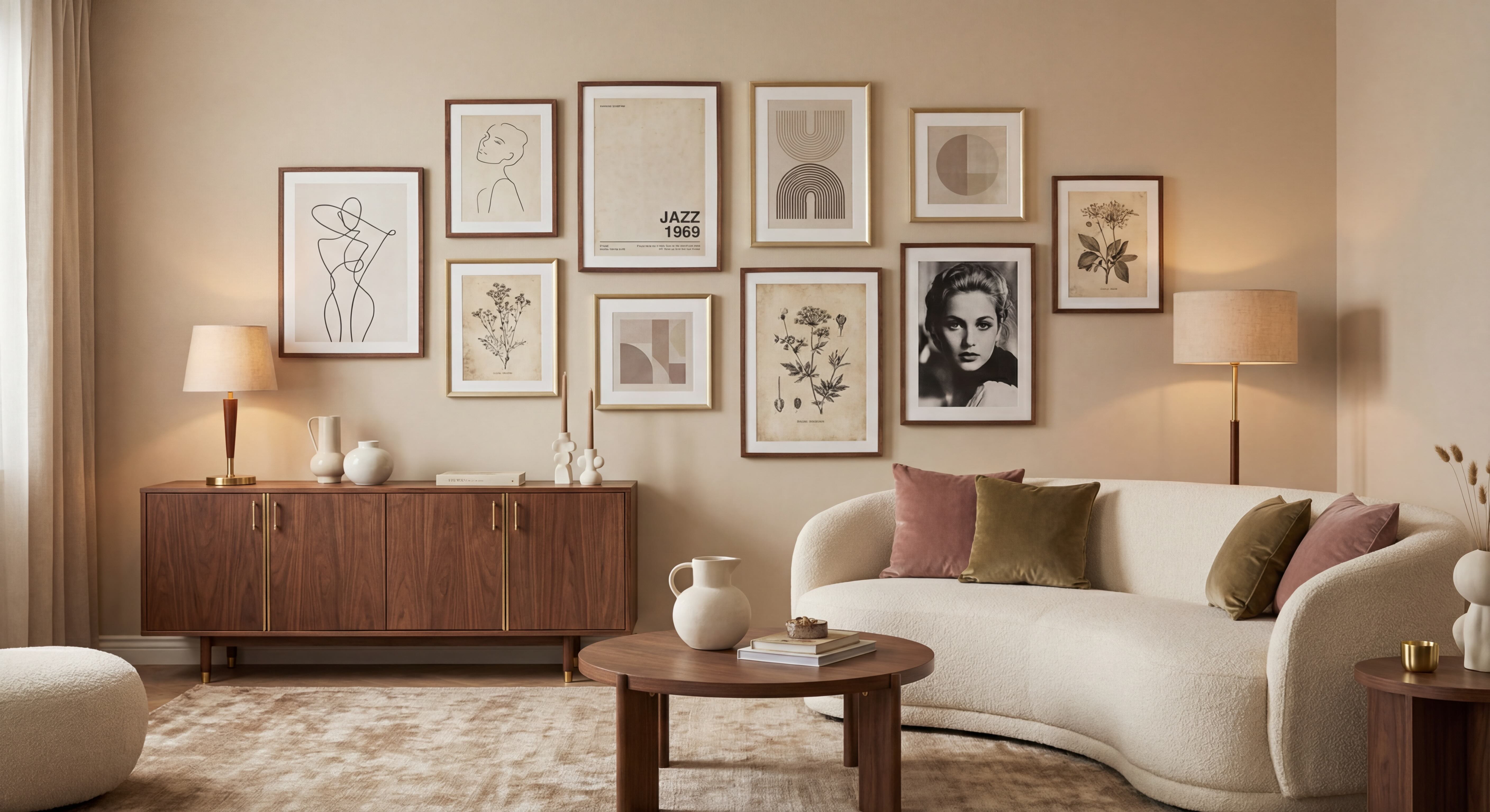 Retro Vintage Living Room Gallery Wall with Sand and Beige Tones and Cherry Wood and Oak Frames