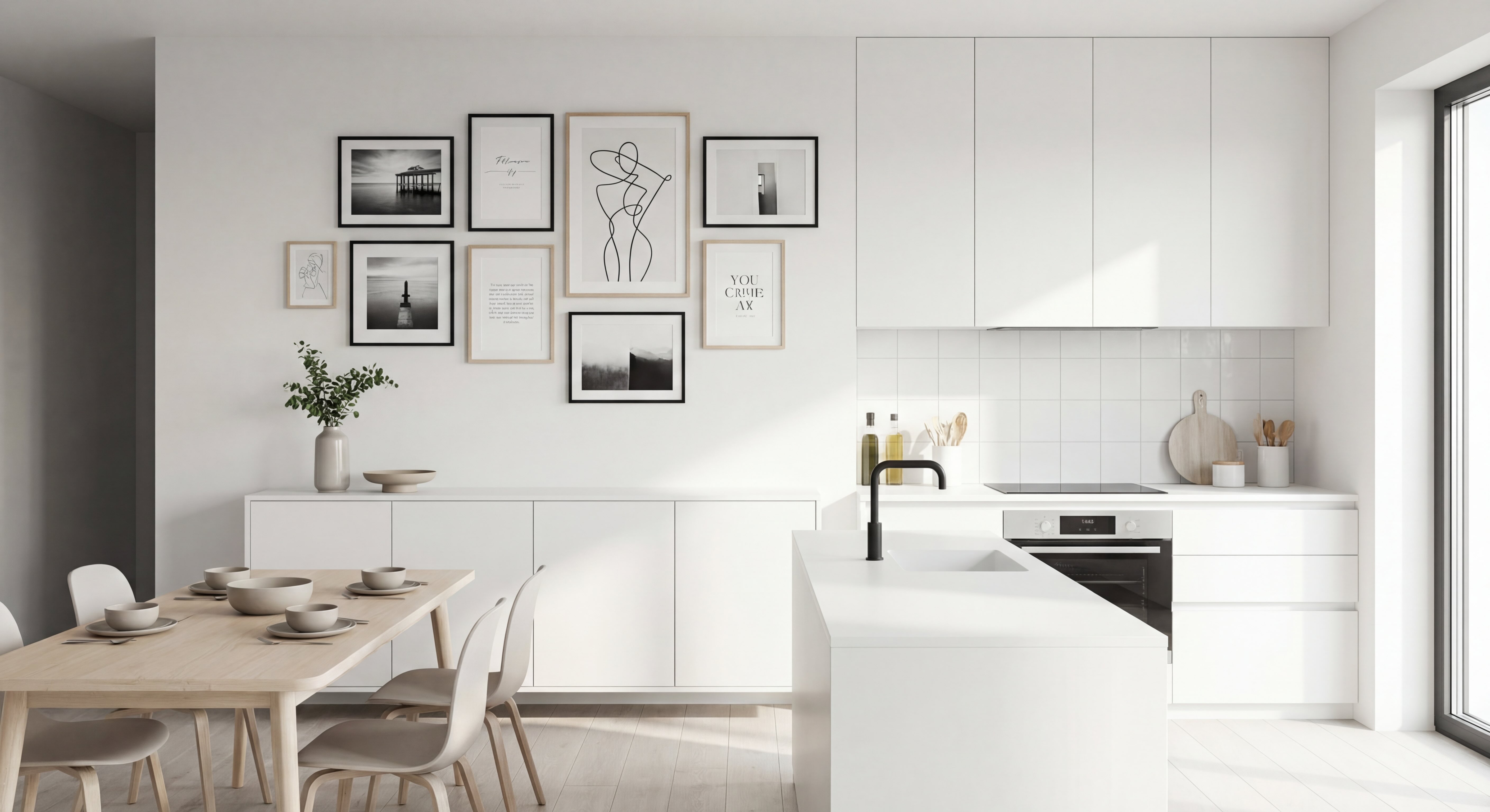 Modern Kitchen and Dining Area Gallery Wall with White and Beige Tones and Black and Birch Frames
