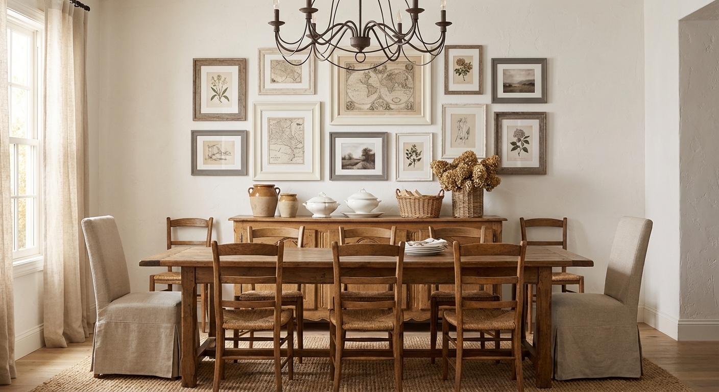 Soft Modern Living Room Gallery Wall with Neutral Beige Tones and Light Wood Frames