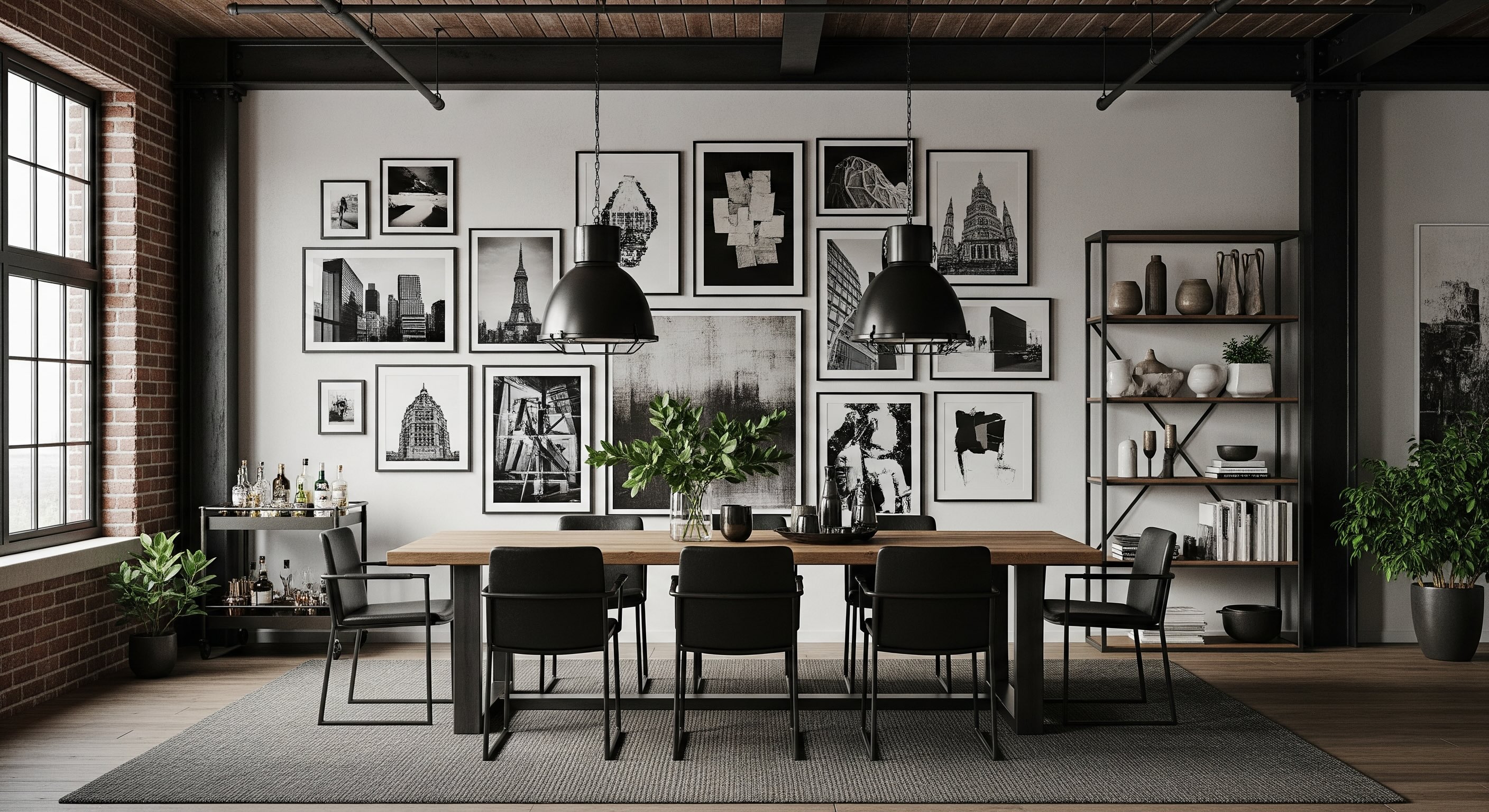 Industrial Dining Room Gallery Wall with Black and White Art and black Frames
