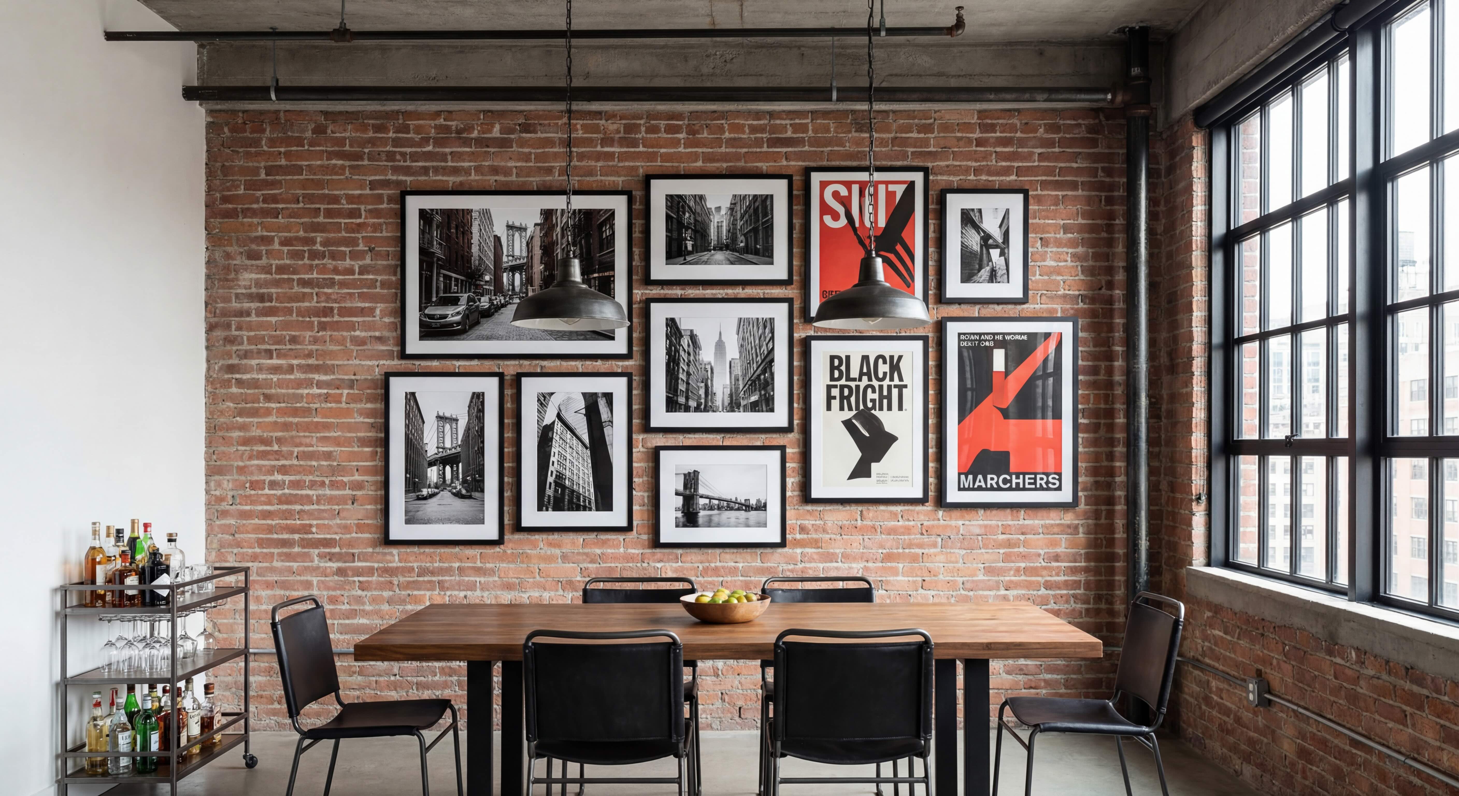 Industrial Dining Room Gallery Wall with Red, Black and White Art and black Frames