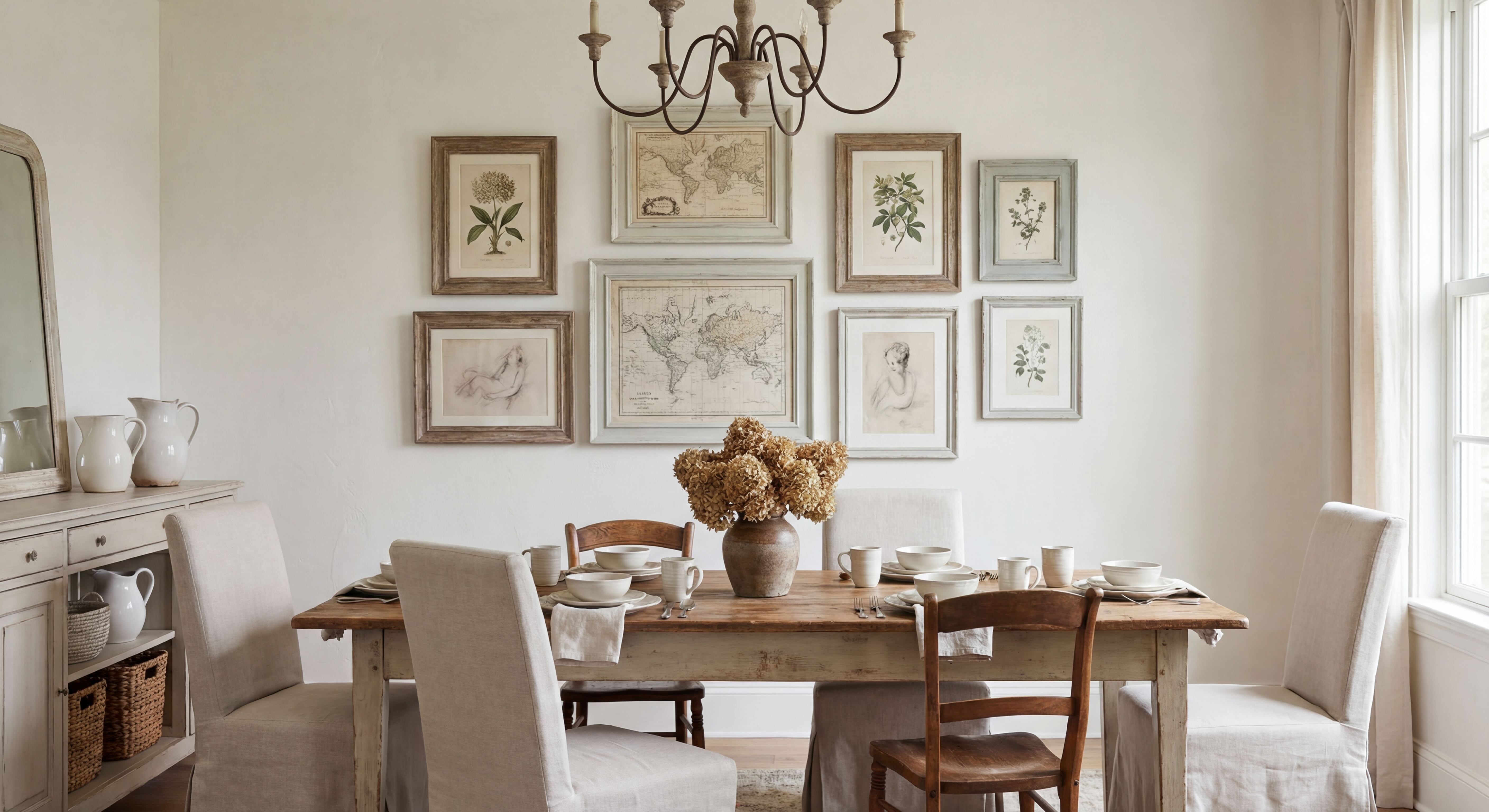 Countryside Dining Room Gallery Wall with Beige and Taupe Tones and Patina Wood Frames