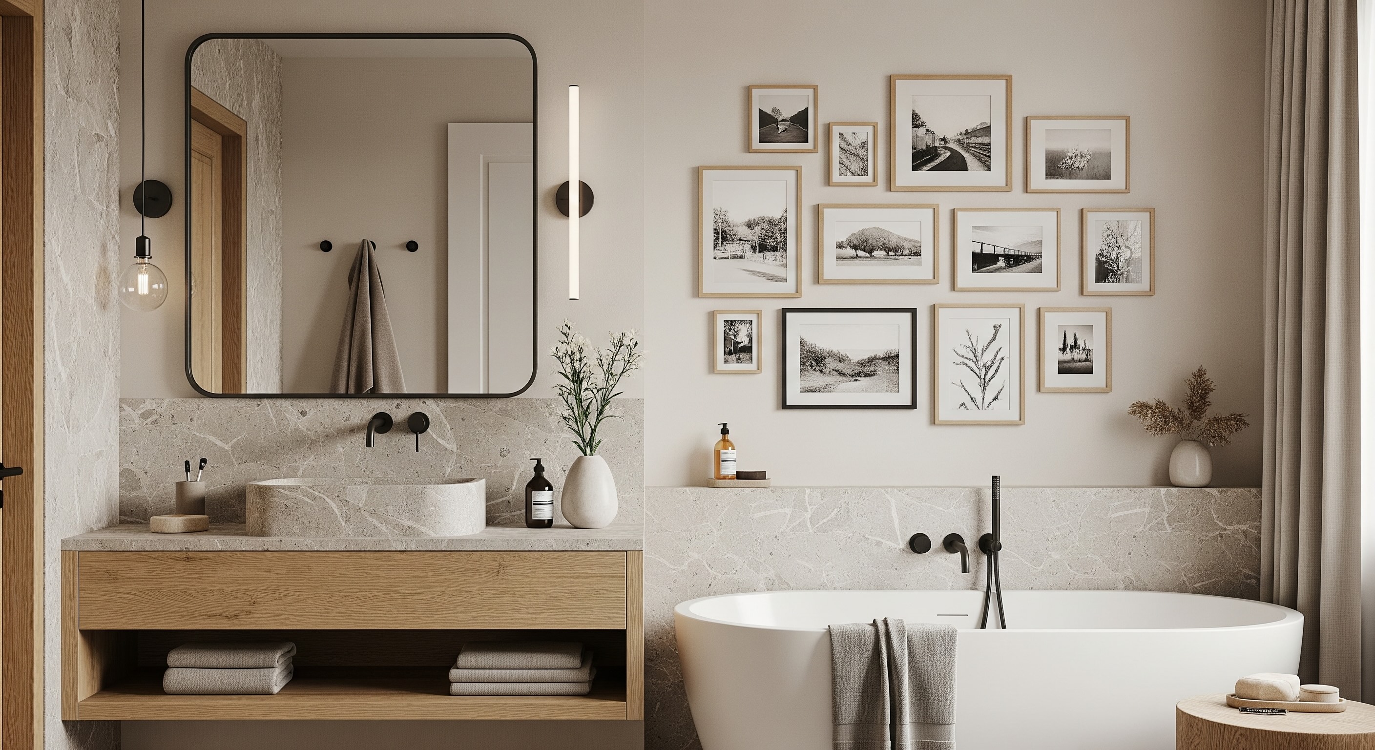 Zen Bathroom Gallery Wall with Natural Materials, Beige Taupe Tones, and Black & Birch Frames