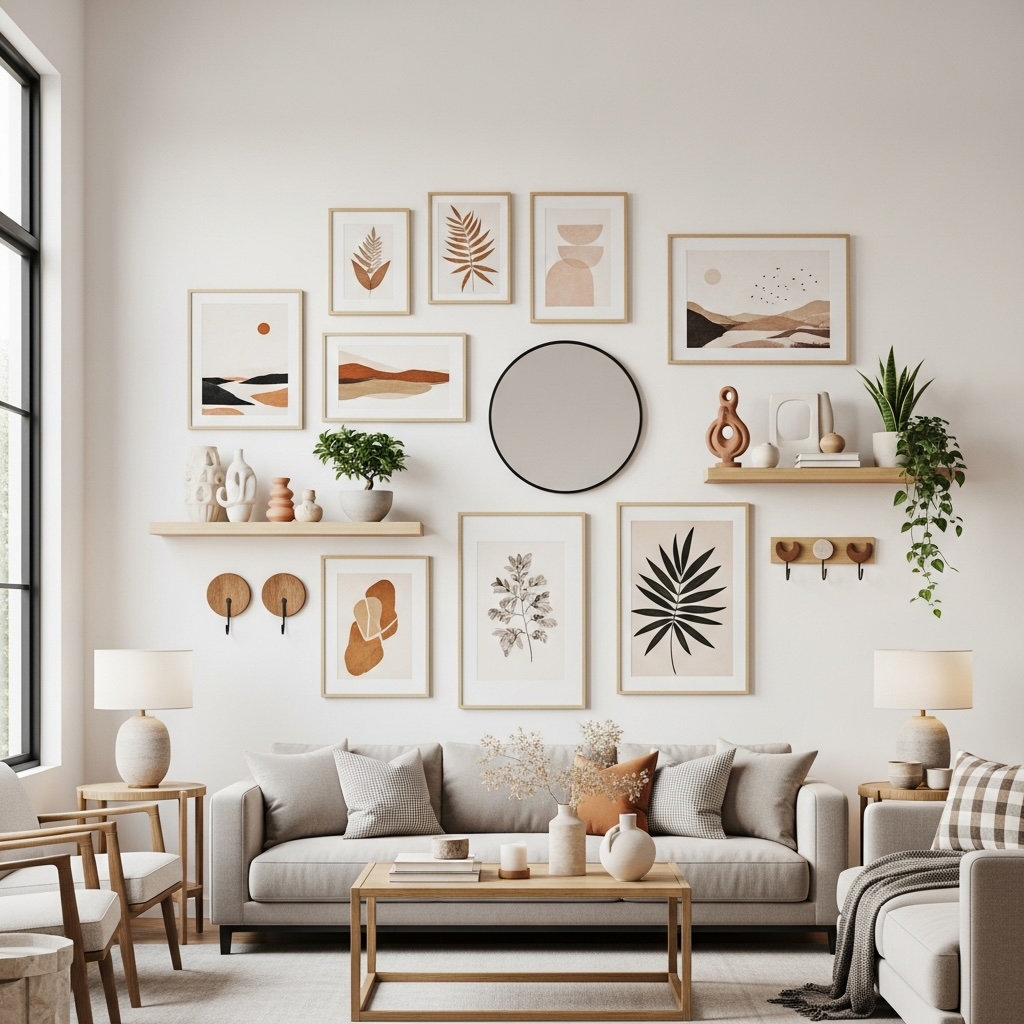 Japandi Living Room Gallery Wall with Light Gray Sofa, Birch Frames and Subtle Terracotta Accents