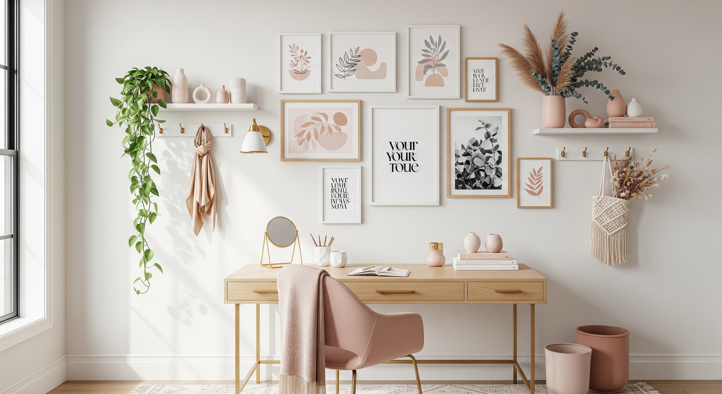 Feminine Home Office Gallery Wall with Pastel Pink and Beige Tones, White & Birch Frames