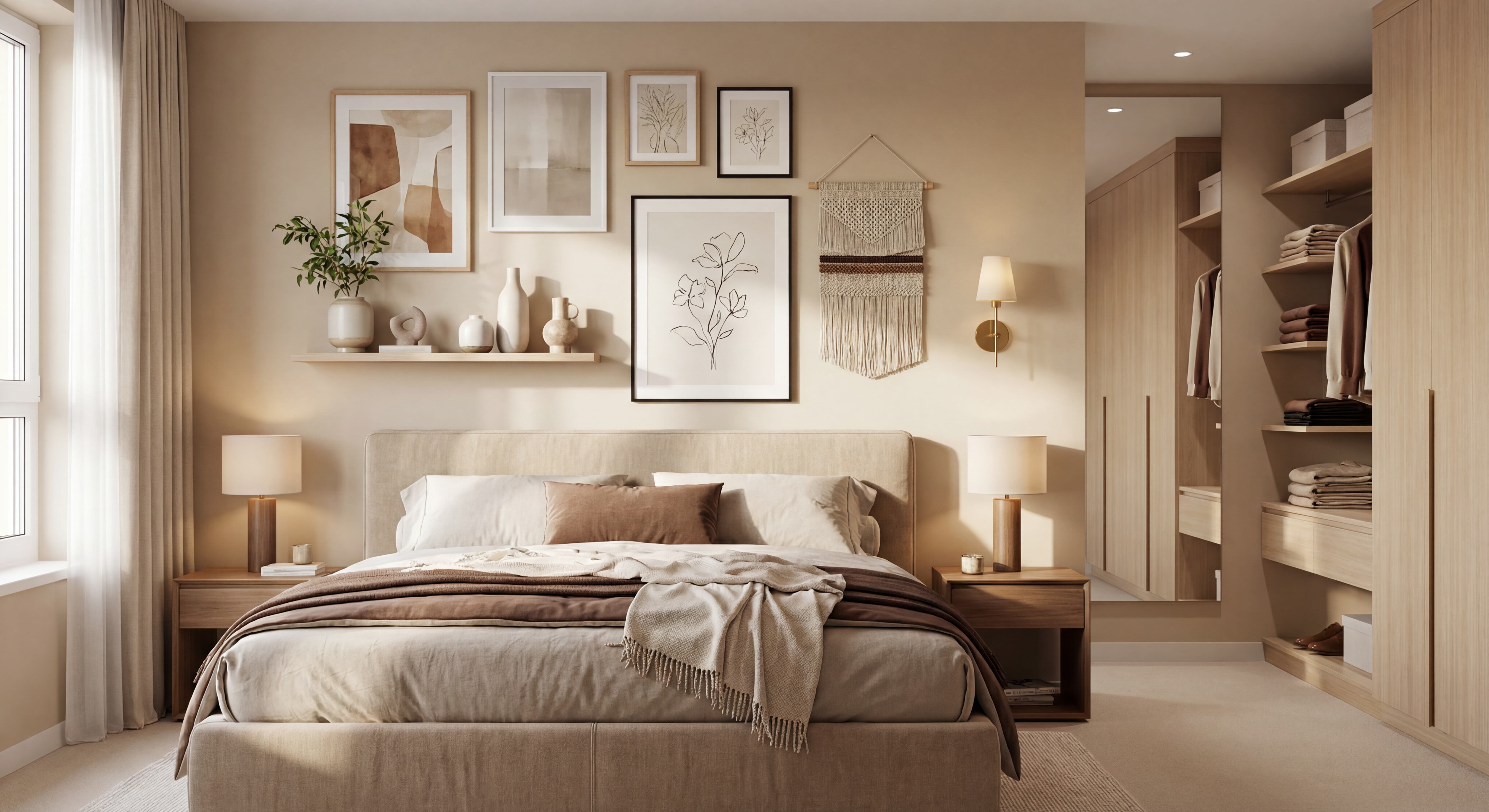 Modern Bedroom Gallery Wall with Beige and Taupe Tones, Black, White & Light Wood Frames