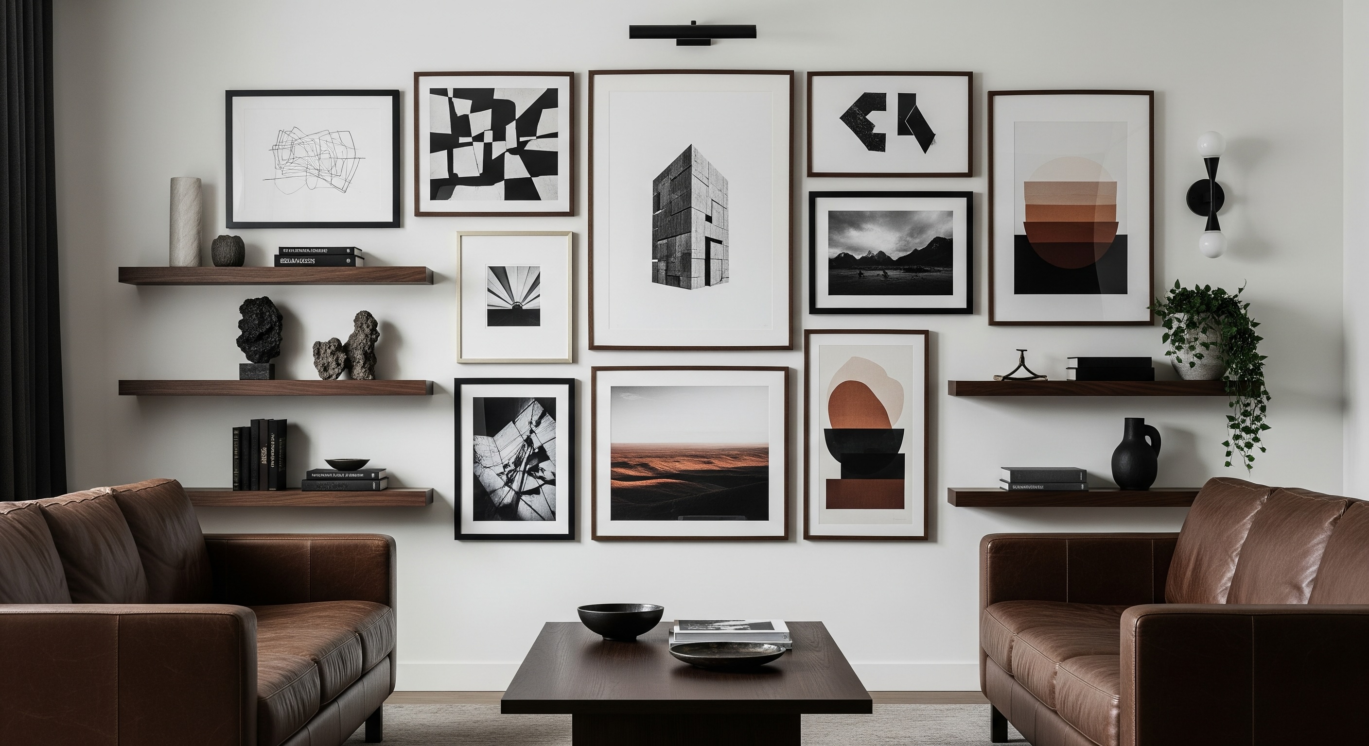 Masculine Vintage Living Room Gallery Wall with Brown Leather and Dark Wood Frames