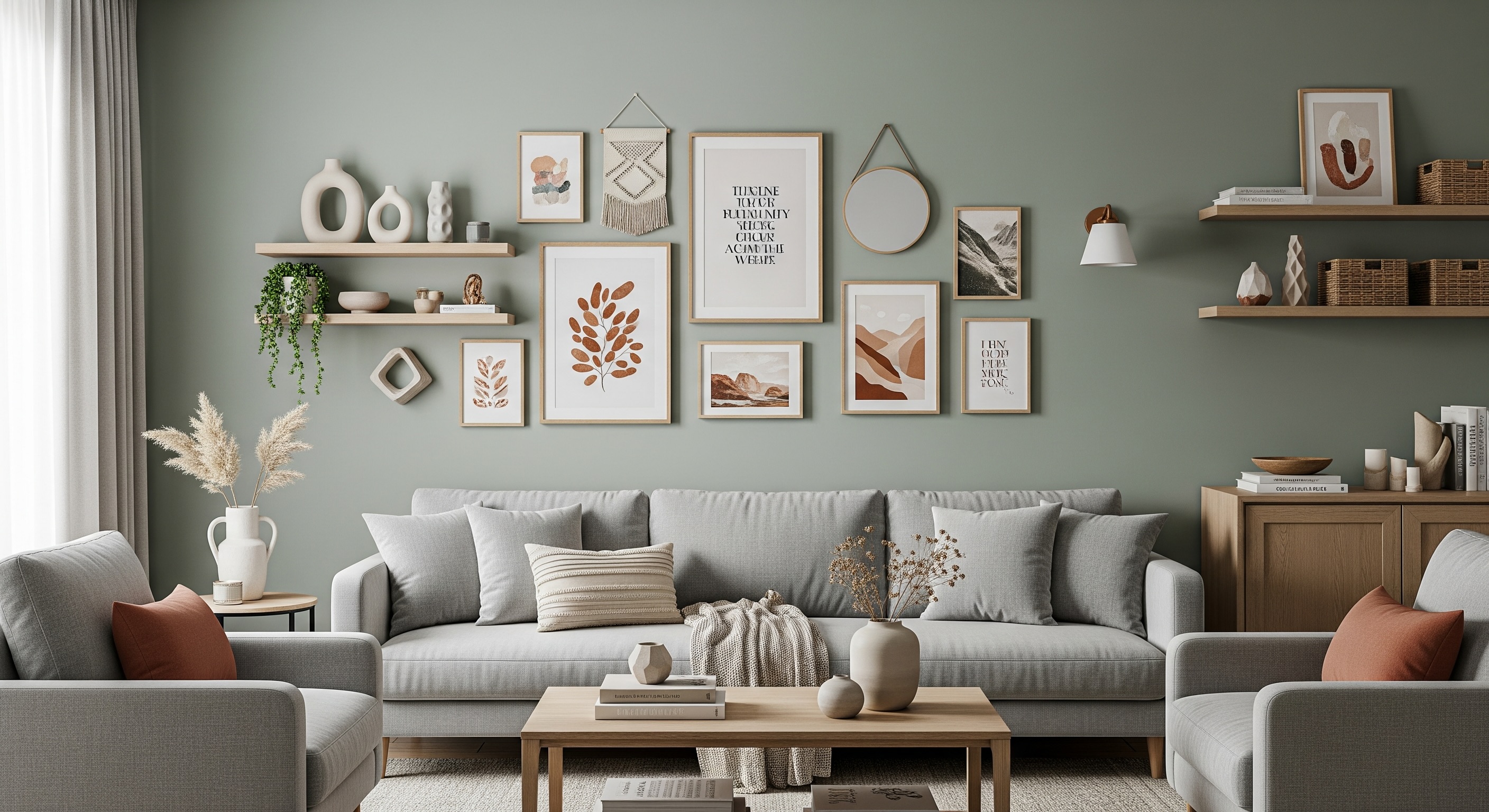 Modern Family Living Room Gallery Wall with Light Wood Elements and Terracotta Accents