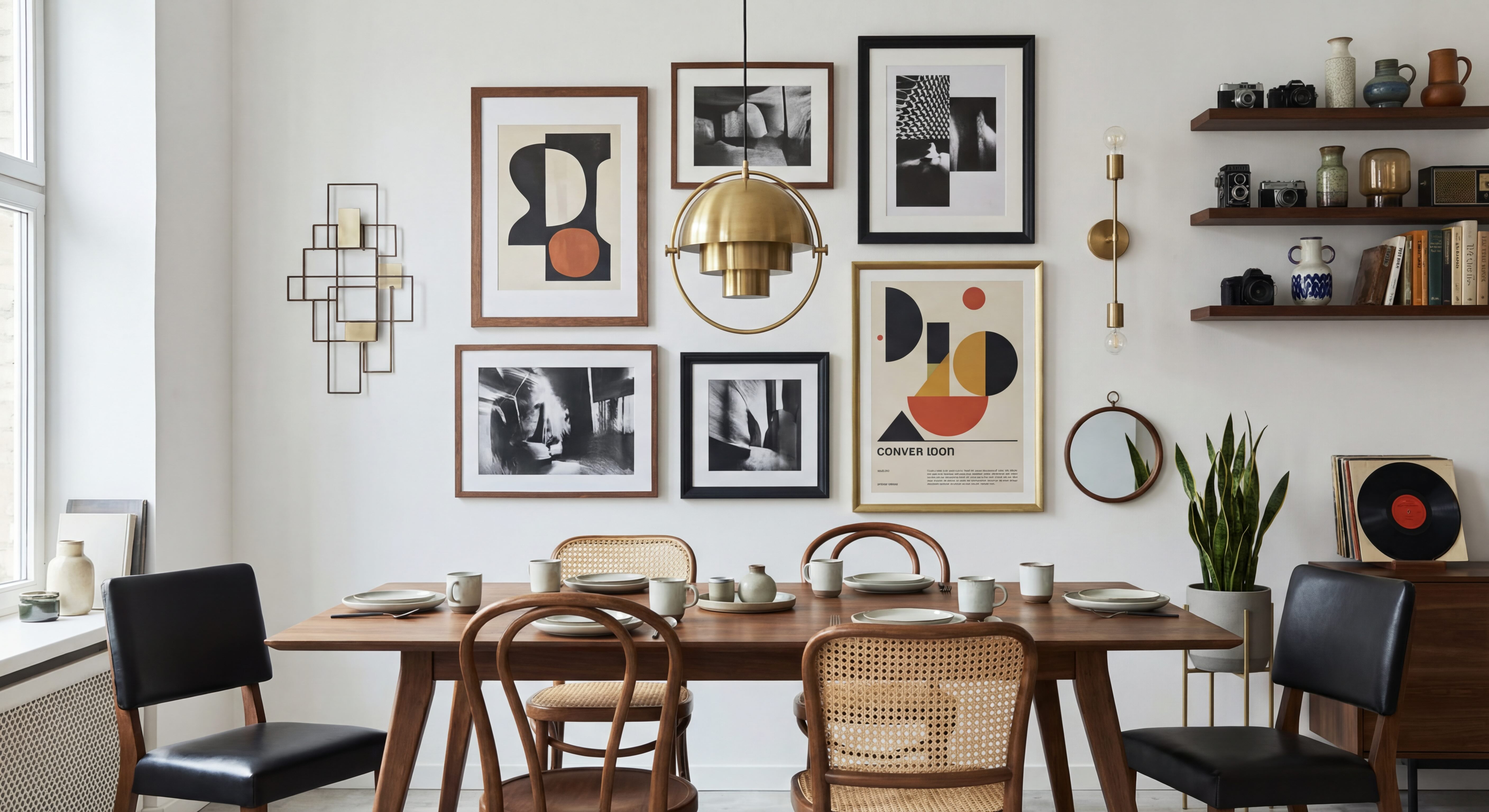 Vintage Chic Dining Room Gallery Wall with Cherry Wood, black and gold Frames